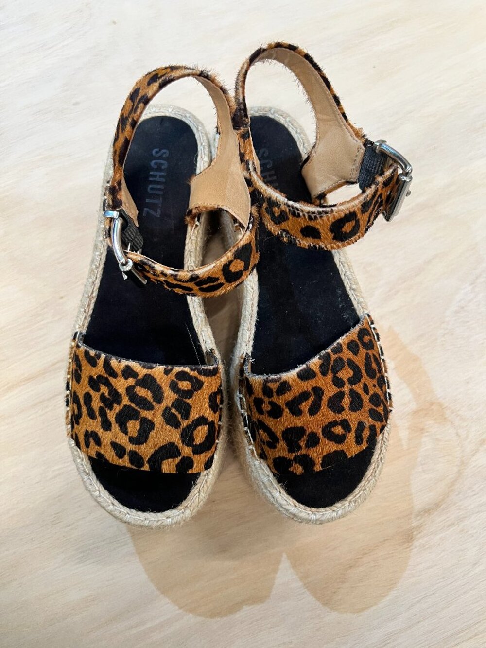 Schutz Vanderlita Leopard Calf Hair Espadrille Platform Sandals 5.5 NWOB